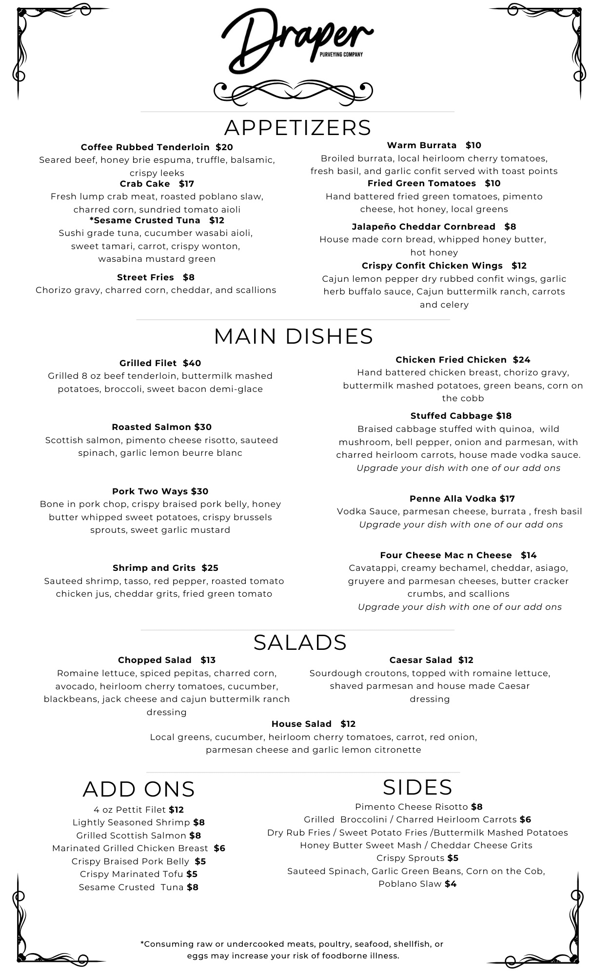 Draper Dinner Menu 1